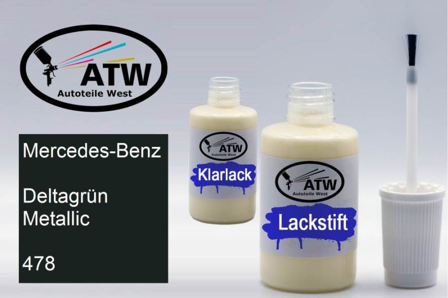 Mercedes-Benz, Deltagrün Metallic, 478: 20ml Lackstift + 20ml Klarlack - Set, von ATW Autoteile West.